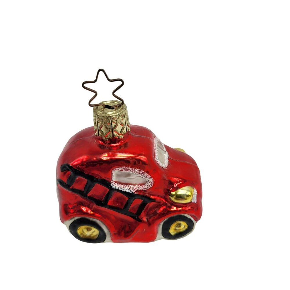 Inge Glas Fire Truck Blown Glass Christmas Ornament Germany Red Star Top Vintage